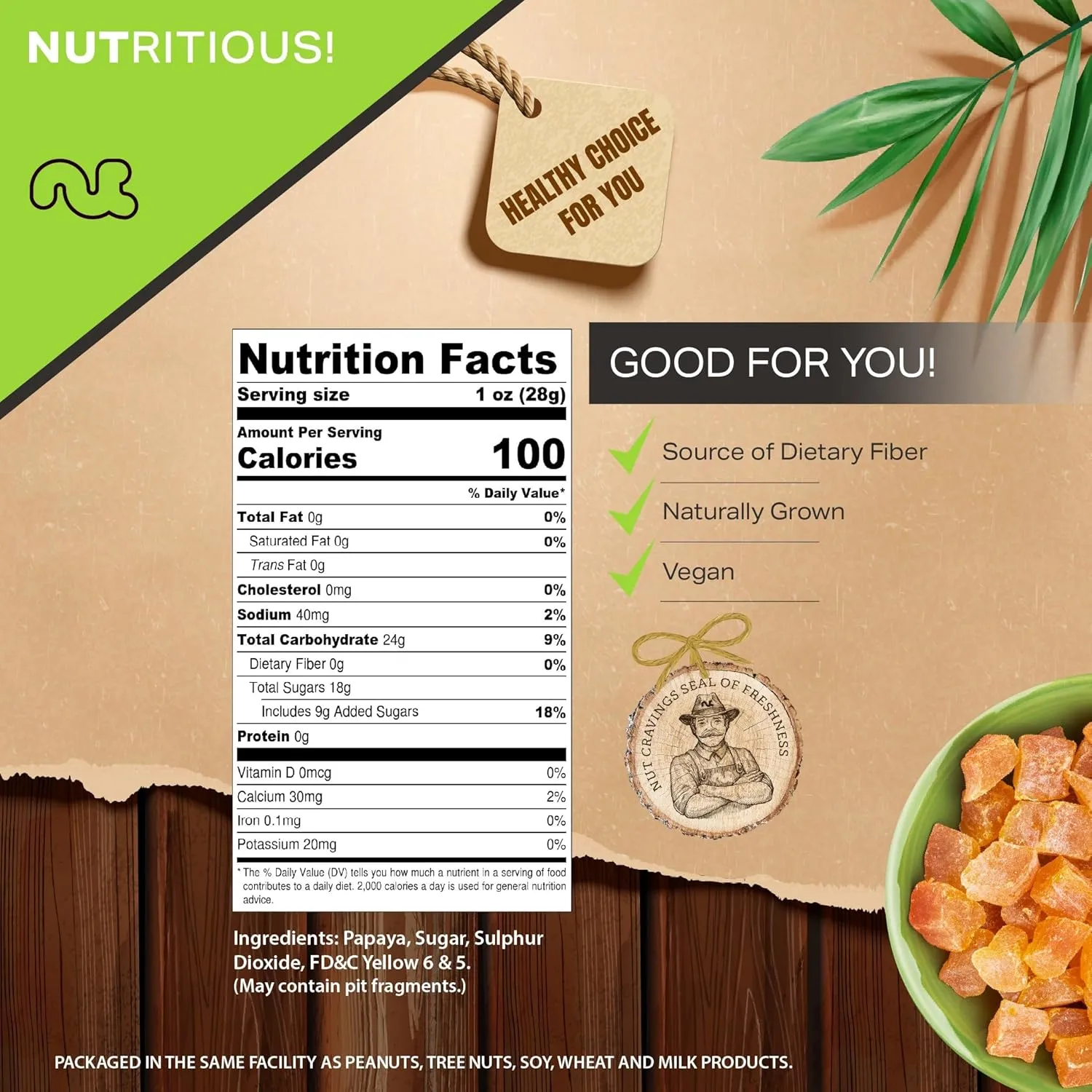 NUT CRAVINGS Dry Fruits - Sun Dried Papaya Chunks, (16oz - 1 LB) Packed Fresh in Resealable Bag - Sweet Snack, Healthy Food, Naturally Grown, Vegan, Kosher Certified