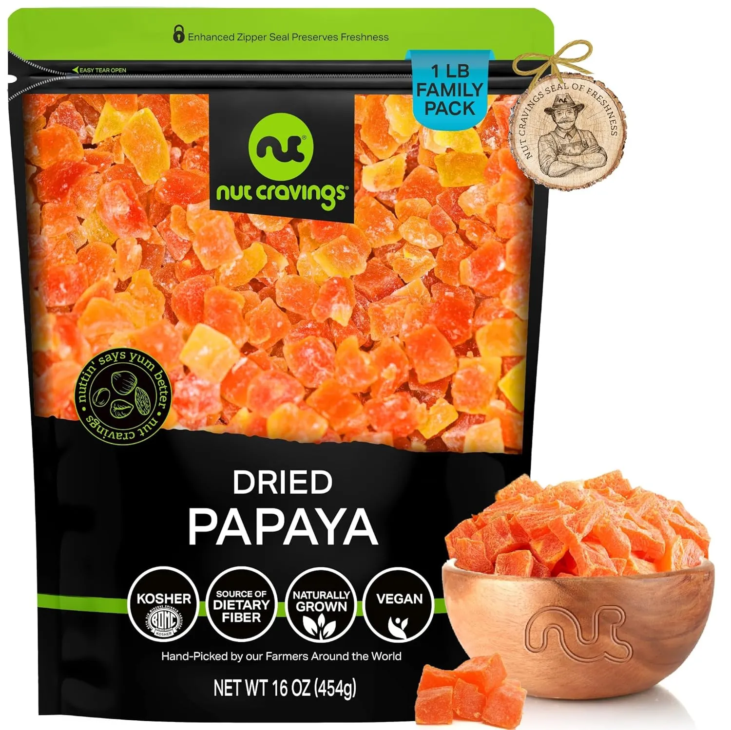 NUT CRAVINGS Dry Fruits - Sun Dried Papaya Chunks, (16oz - 1 LB) Packed Fresh in Resealable Bag - Sweet Snack, Healthy Food, Naturally Grown, Vegan, Kosher Certified