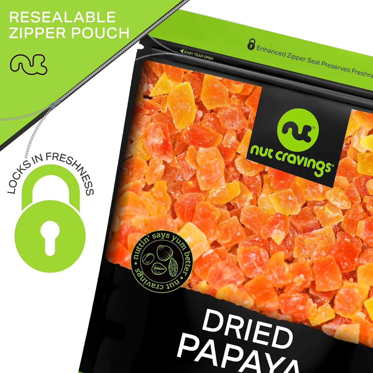 NUT CRAVINGS Dry Fruits - Sun Dried Papaya Chunks, (16oz - 1 LB) Packed Fresh in Resealable Bag - Sweet Snack, Healthy Food, Naturally Grown, Vegan, Kosher Certified