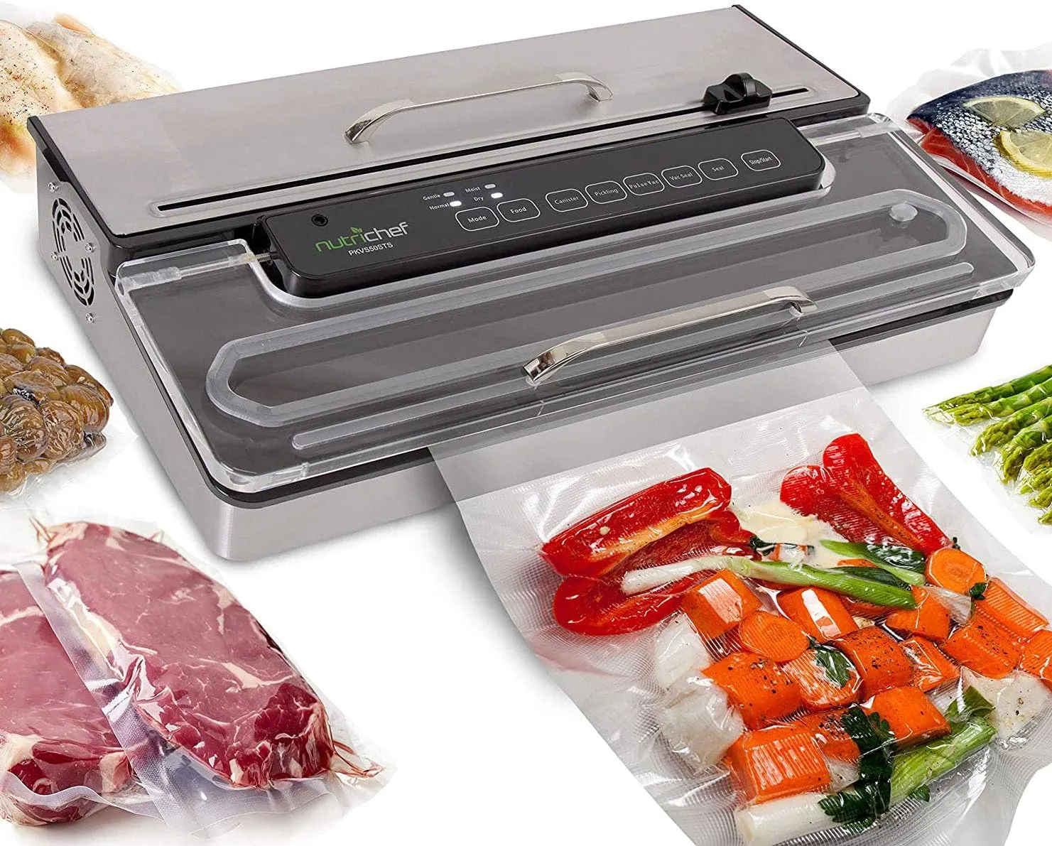 NutriChef Commercial Grade Vacuum Sealer Machine - 400W Automatic Double Piston Pump Air Seal Machine Meat Packing Sealing Storage Preservation Sous Vide w/ Dry Wet Seal, Vac Roll Bags - PKVS50STS