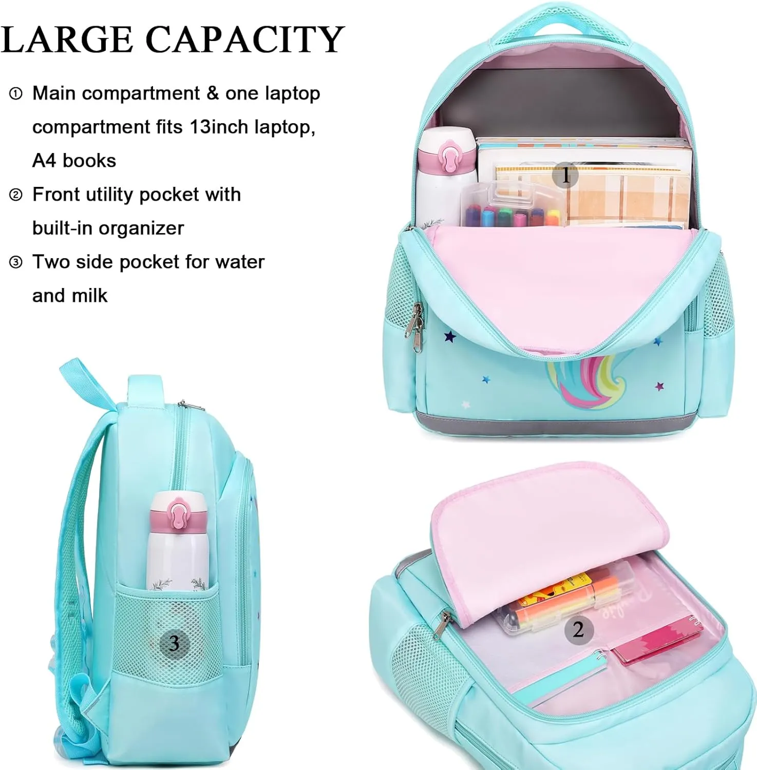 Octsky Unicorn Backpack for Girls, Kids Preschool Backpacks Cute Lightweight With Chest Strap and Lunchbox (Unicorn-Lake)