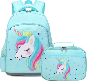 Octsky Unicorn Backpack for Girls, Kids Preschool Backpacks Cute Lightweight With Chest Strap and Lunchbox (Unicorn-Lake)