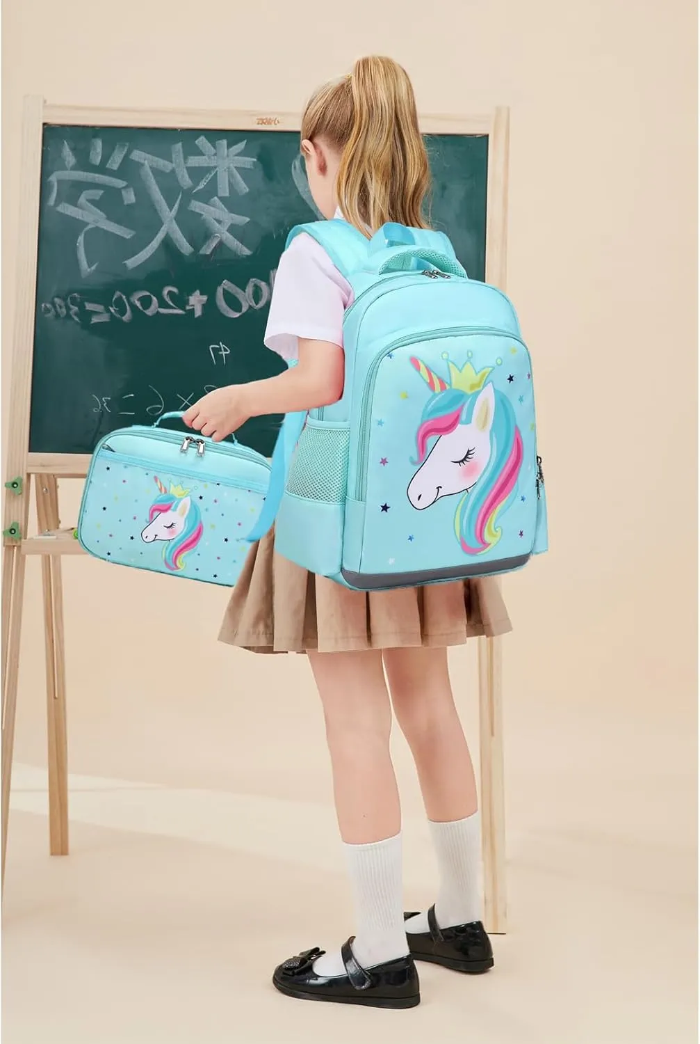 Octsky Unicorn Backpack for Girls, Kids Preschool Backpacks Cute Lightweight With Chest Strap and Lunchbox (Unicorn-Lake)