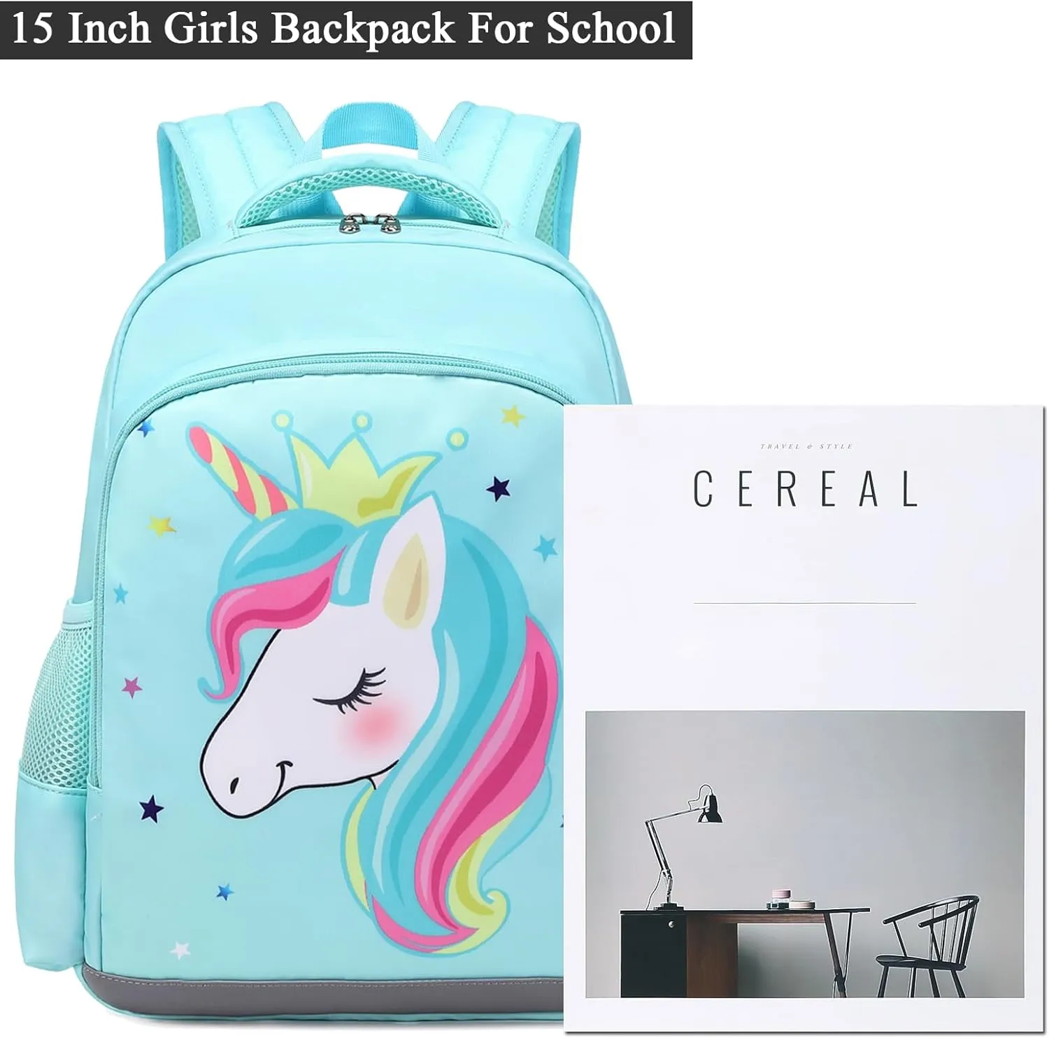 Octsky Unicorn Backpack for Girls, Kids Preschool Backpacks Cute Lightweight With Chest Strap and Lunchbox (Unicorn-Lake)