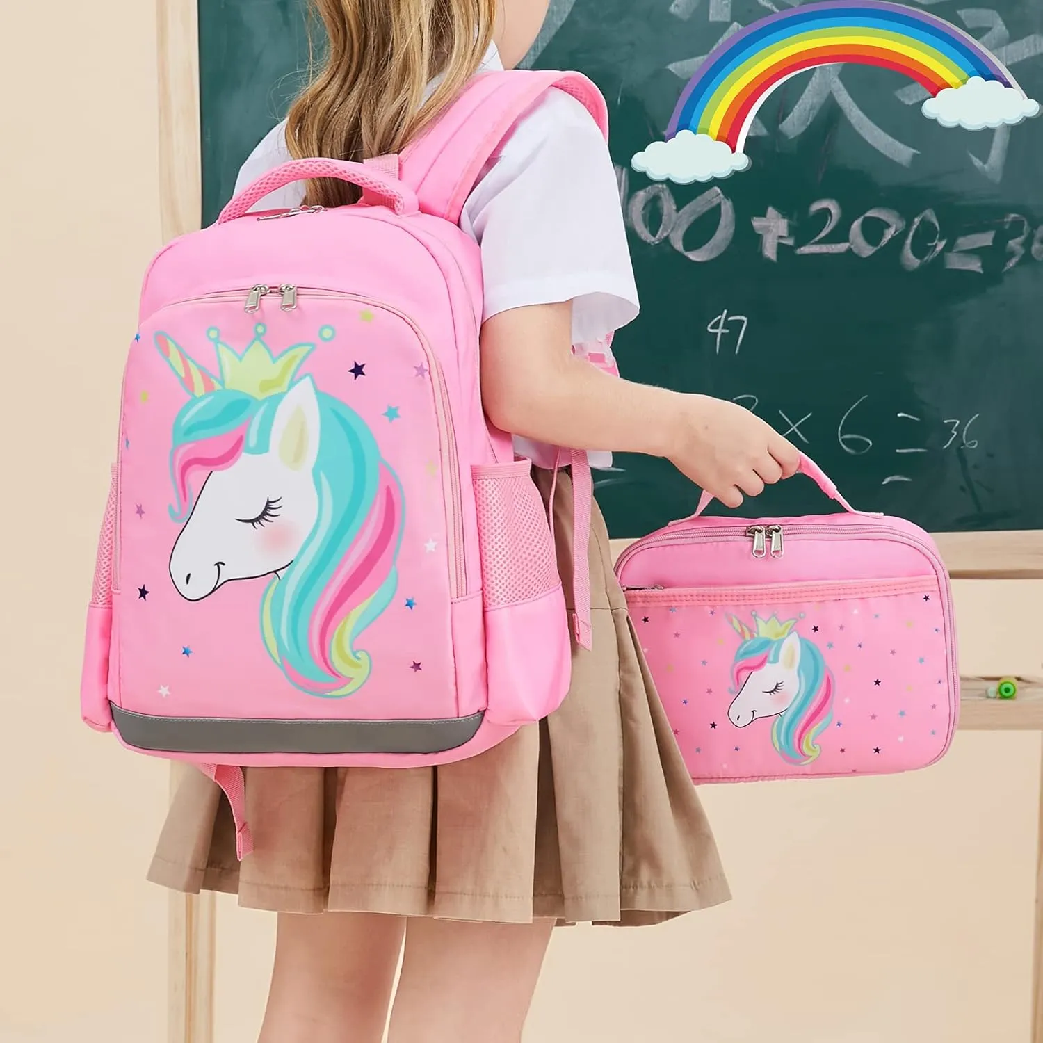 Octsky Unicorn Backpack for Girls, Kids Preschool Backpacks Cute Lightweight With Chest Strap and Lunchbox (Unicorn-Pink)
