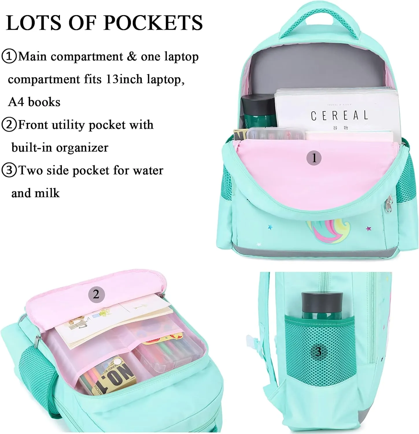 Octsky Unicorn Backpack for Girls, Kids Preschool Backpacks Cute Lightweight With Chest Strap and Lunchbox (Unicorn-Pink)