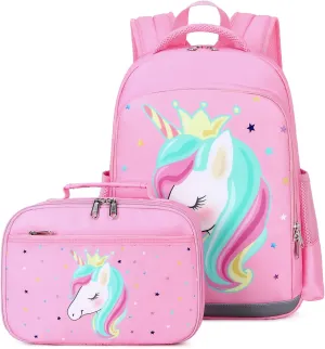 Octsky Unicorn Backpack for Girls, Kids Preschool Backpacks Cute Lightweight With Chest Strap and Lunchbox (Unicorn-Pink)