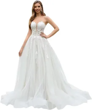 Off Shoulder Lace Applique Wedding Dress for Bride Strapless A-Line Satin Pleated Tulle Bridal Ball Gown with Corset