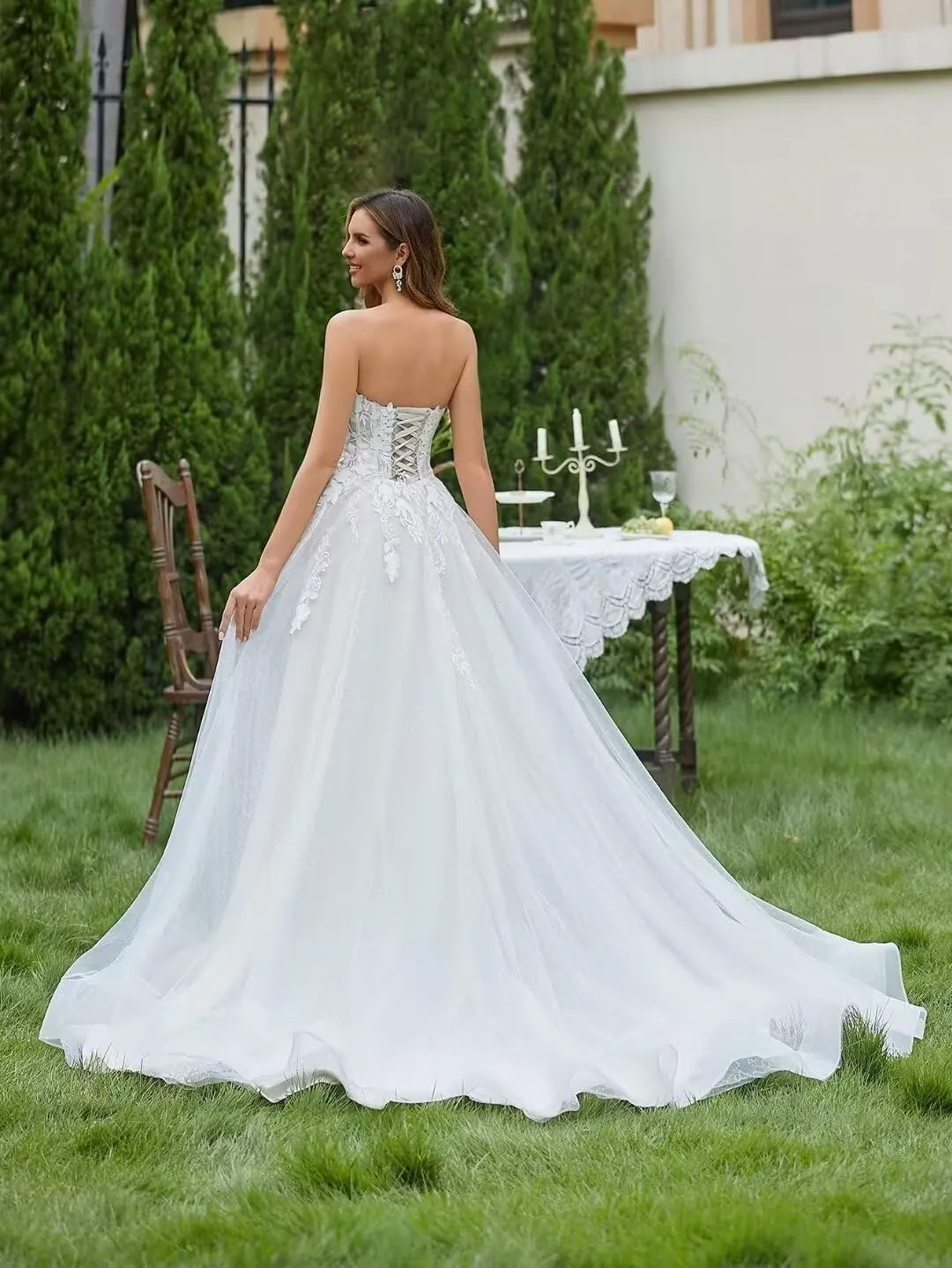 Off Shoulder Lace Applique Wedding Dress for Bride Strapless A-Line Satin Pleated Tulle Bridal Ball Gown with Corset