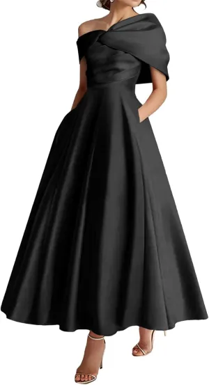 One Shoulder Satin Mother of The Bride Dresses A-Line Pleated Tea Length Wedding Guest Dress with Bow