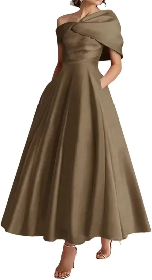 One Shoulder Satin Mother of The Bride Dresses A-Line Pleated Tea Length Wedding Guest Dress with Bow