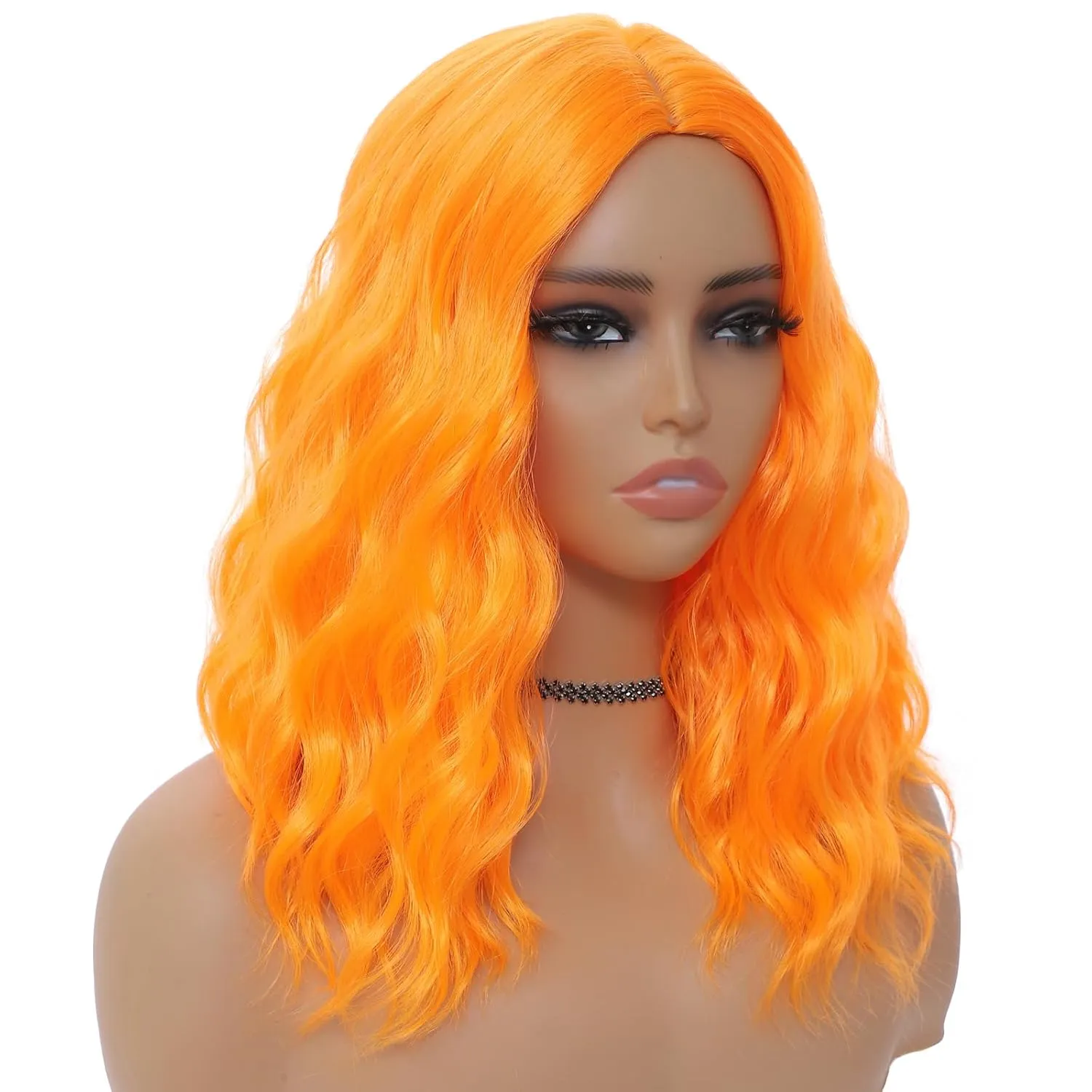 Orange Wig for Women, Wavy Curly Orange Bob Wigs Middle Part 14 Inch Shoulder Length Heat Resistant Synthetic Colorful Wig
