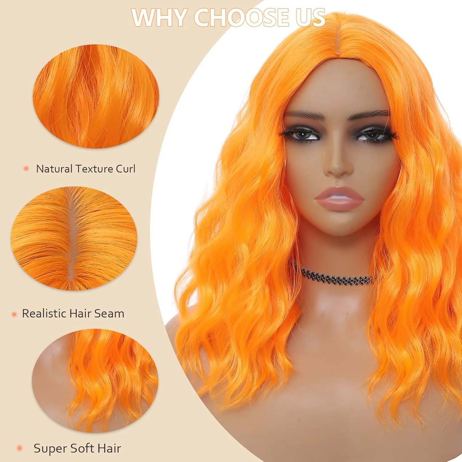 Orange Wig for Women, Wavy Curly Orange Bob Wigs Middle Part 14 Inch Shoulder Length Heat Resistant Synthetic Colorful Wig