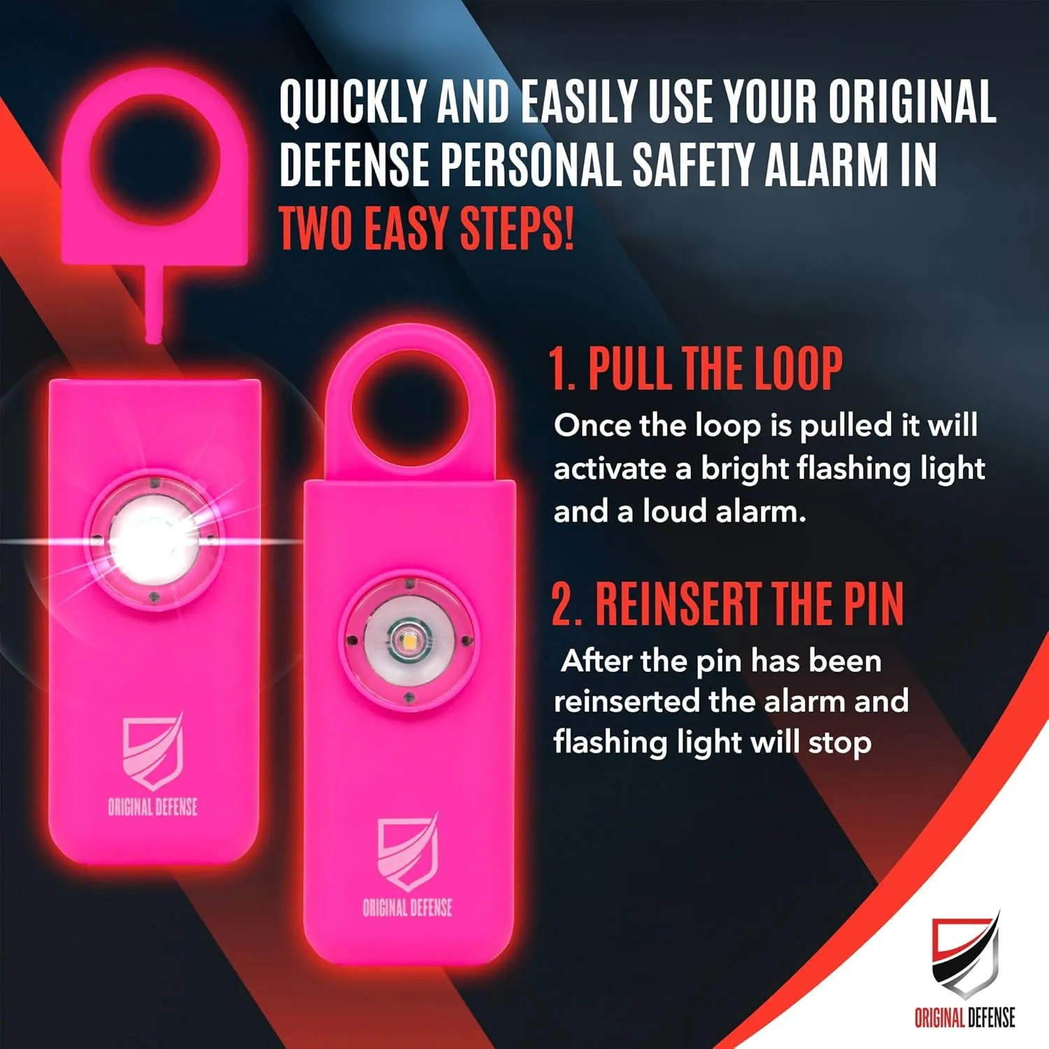 Original Defense® Siren Self-Defense Alarm (Magenta) - 130 dB Keychain Alarm with LED Strobe Light for Women, Children, and Elderly - Police Recommended