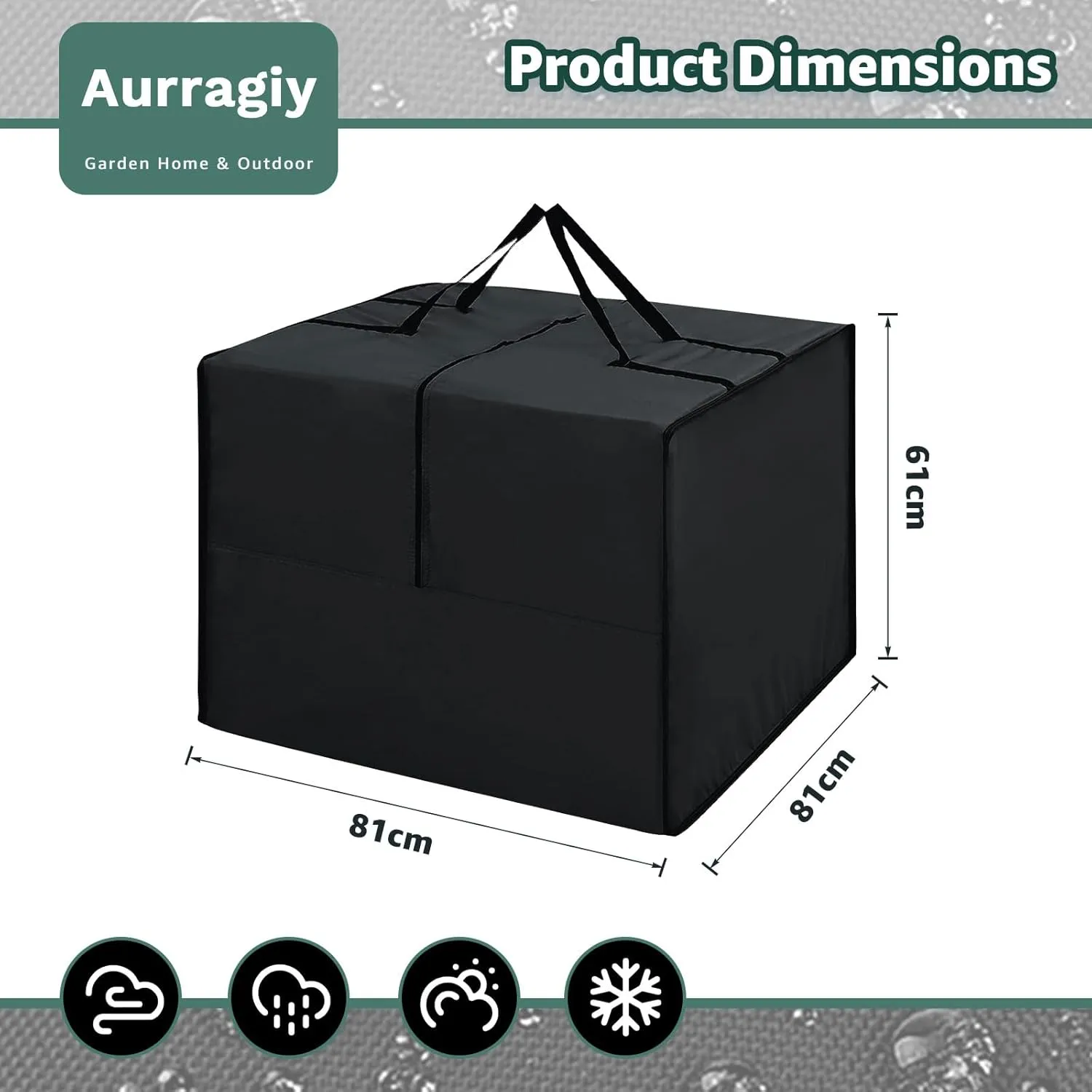 Outdoor Cushion Storage Bag Square Cushion Storage Bags Water Resistant All Weather Protection with Zipper and Handle Garden Furniture Cushion Carrying Bags-81x81x61cm/32"L x 32" W x 24" H (Black)