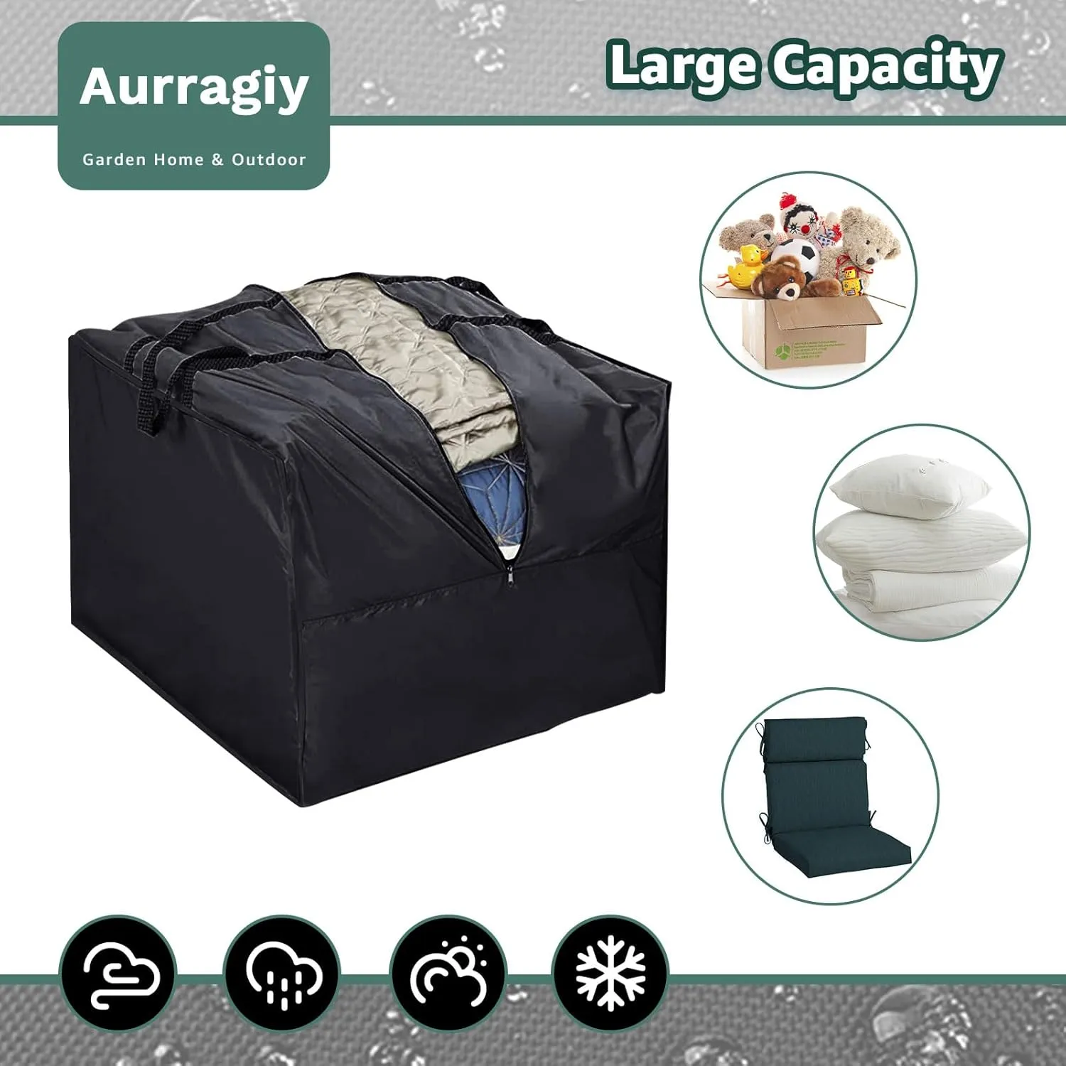 Outdoor Cushion Storage Bag Square Cushion Storage Bags Water Resistant All Weather Protection with Zipper and Handle Garden Furniture Cushion Carrying Bags-81x81x61cm/32"L x 32" W x 24" H (Black)