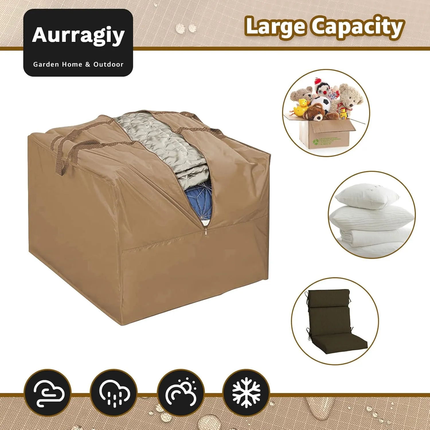 Outdoor Square Cushion Storage Bags - Water Resistant, All Weather Protection with Zipper and Handle - 81x81x61cm/32"L x 32" W x 24" H (Coffee)