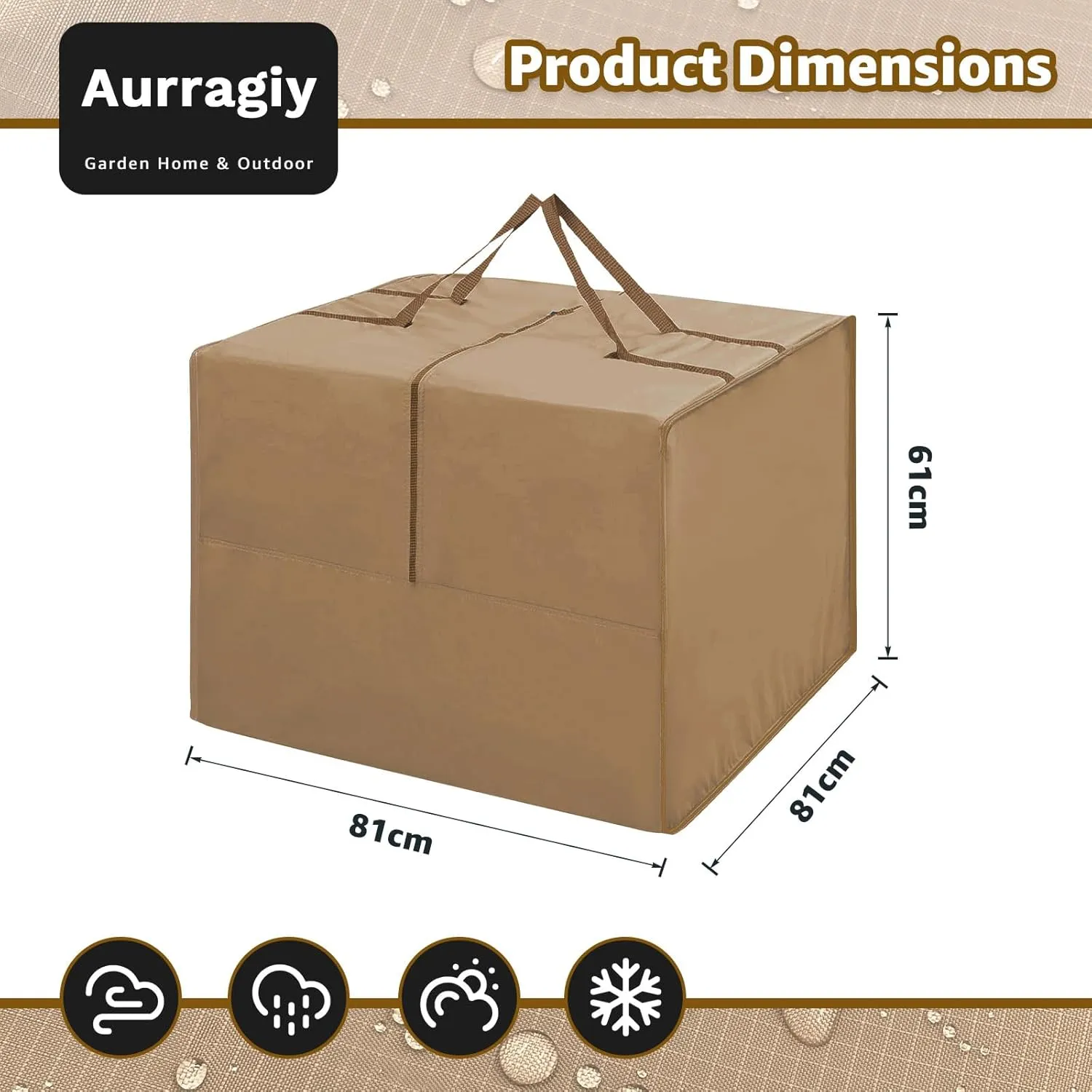 Outdoor Square Cushion Storage Bags - Water Resistant, All Weather Protection with Zipper and Handle - 81x81x61cm/32"L x 32" W x 24" H (Coffee)