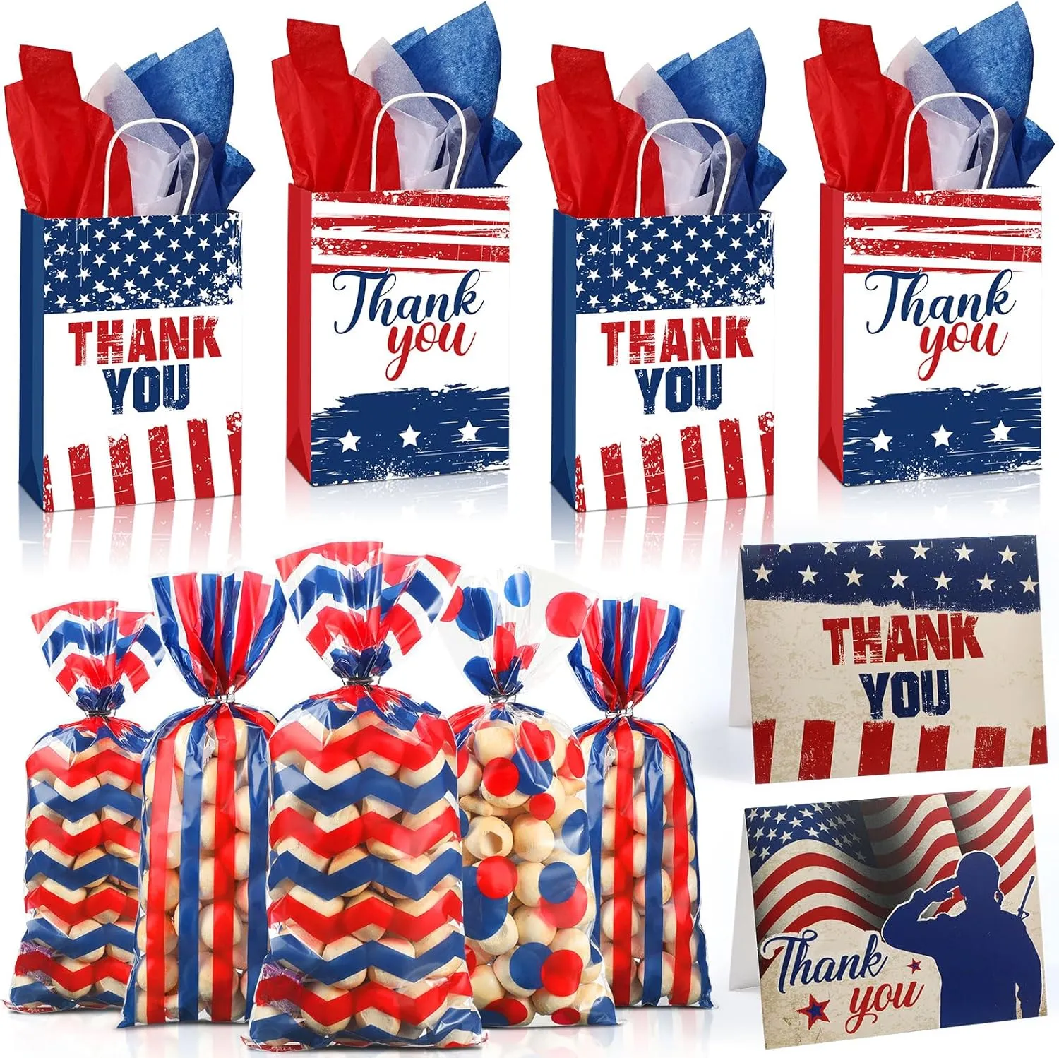 Pasimy 132 Pieces Patriotic Gift Supplies 24 Veterans Day Paper Treat Bags with Tissue Paper and Handle 60 Red White Blue Plastic Goodie Candy Bags 24 Thank You Gift Cards for Memorial Day 4th of July