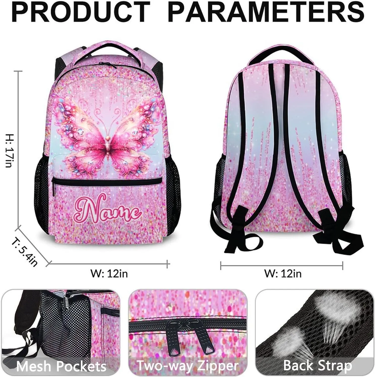 Personalized Backpack for Girls - Custom Butterfly Backpacks for Kids - 17 Inch Pink Butterfly Schoolbag for Preschool Kindergarten Primary - Lightweight Bookbag for School Travel