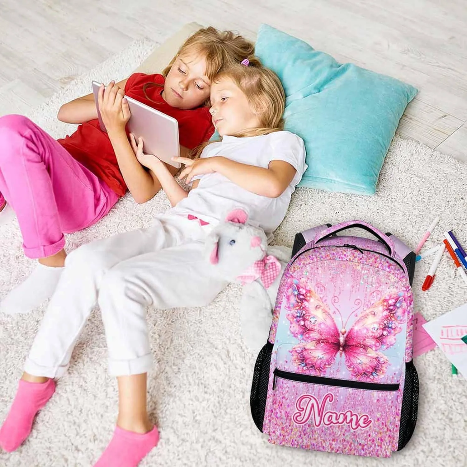Personalized Backpack for Girls - Custom Butterfly Backpacks for Kids - 17 Inch Pink Butterfly Schoolbag for Preschool Kindergarten Primary - Lightweight Bookbag for School Travel