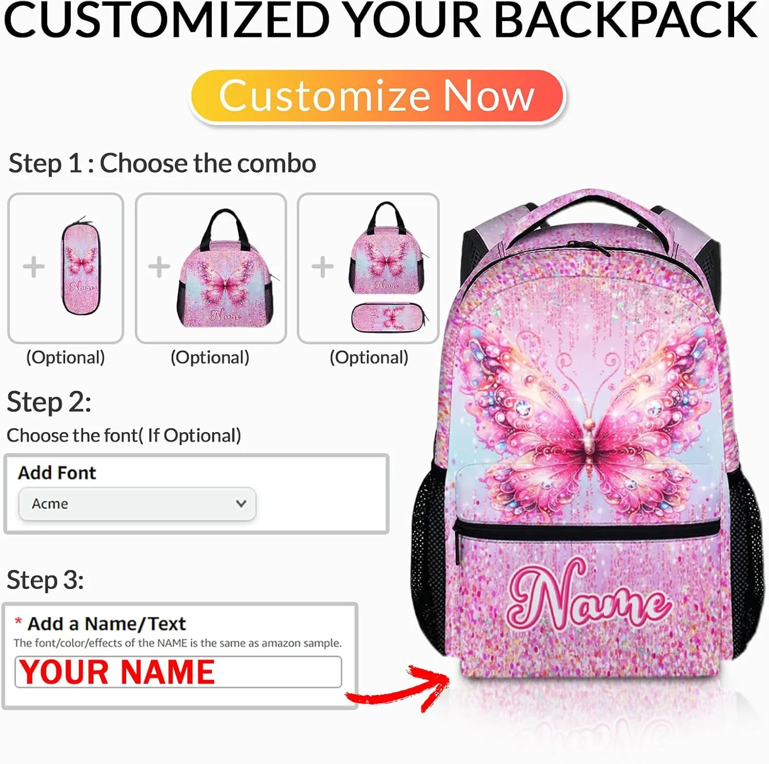 Personalized Backpack for Girls - Custom Butterfly Backpacks for Kids - 17 Inch Pink Butterfly Schoolbag for Preschool Kindergarten Primary - Lightweight Bookbag for School Travel