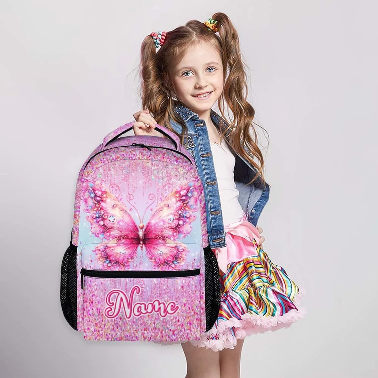 Personalized Backpack for Girls - Custom Butterfly Backpacks for Kids - 17 Inch Pink Butterfly Schoolbag for Preschool Kindergarten Primary - Lightweight Bookbag for School Travel