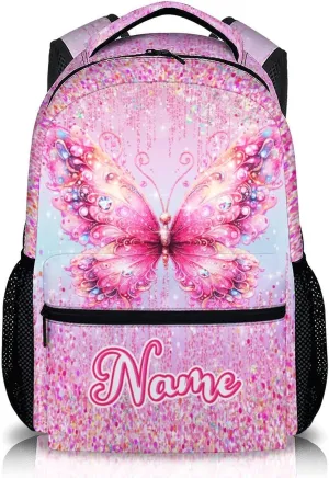 Personalized Backpack for Girls - Custom Butterfly Backpacks for Kids - 17 Inch Pink Butterfly Schoolbag for Preschool Kindergarten Primary - Lightweight Bookbag for School Travel