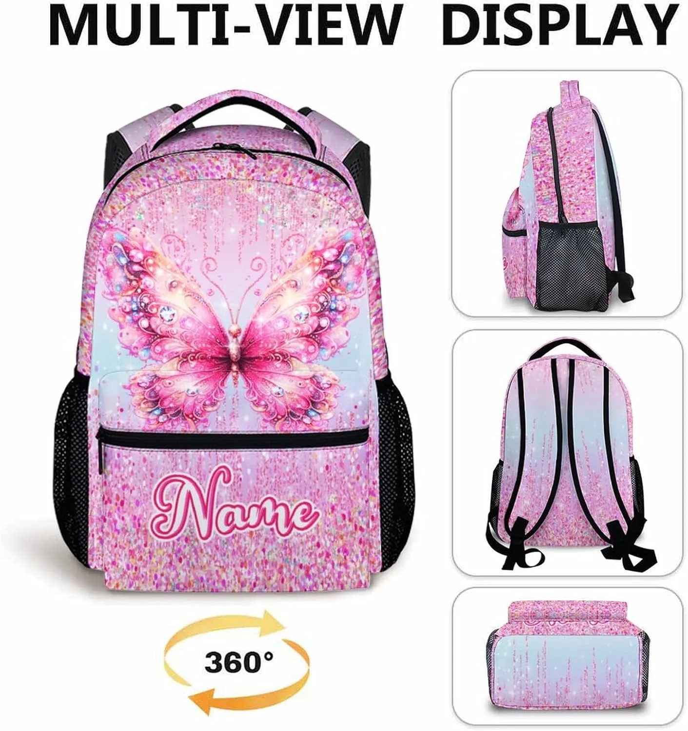 Personalized Backpack for Girls - Custom Butterfly Backpacks for Kids - 17 Inch Pink Butterfly Schoolbag for Preschool Kindergarten Primary - Lightweight Bookbag for School Travel
