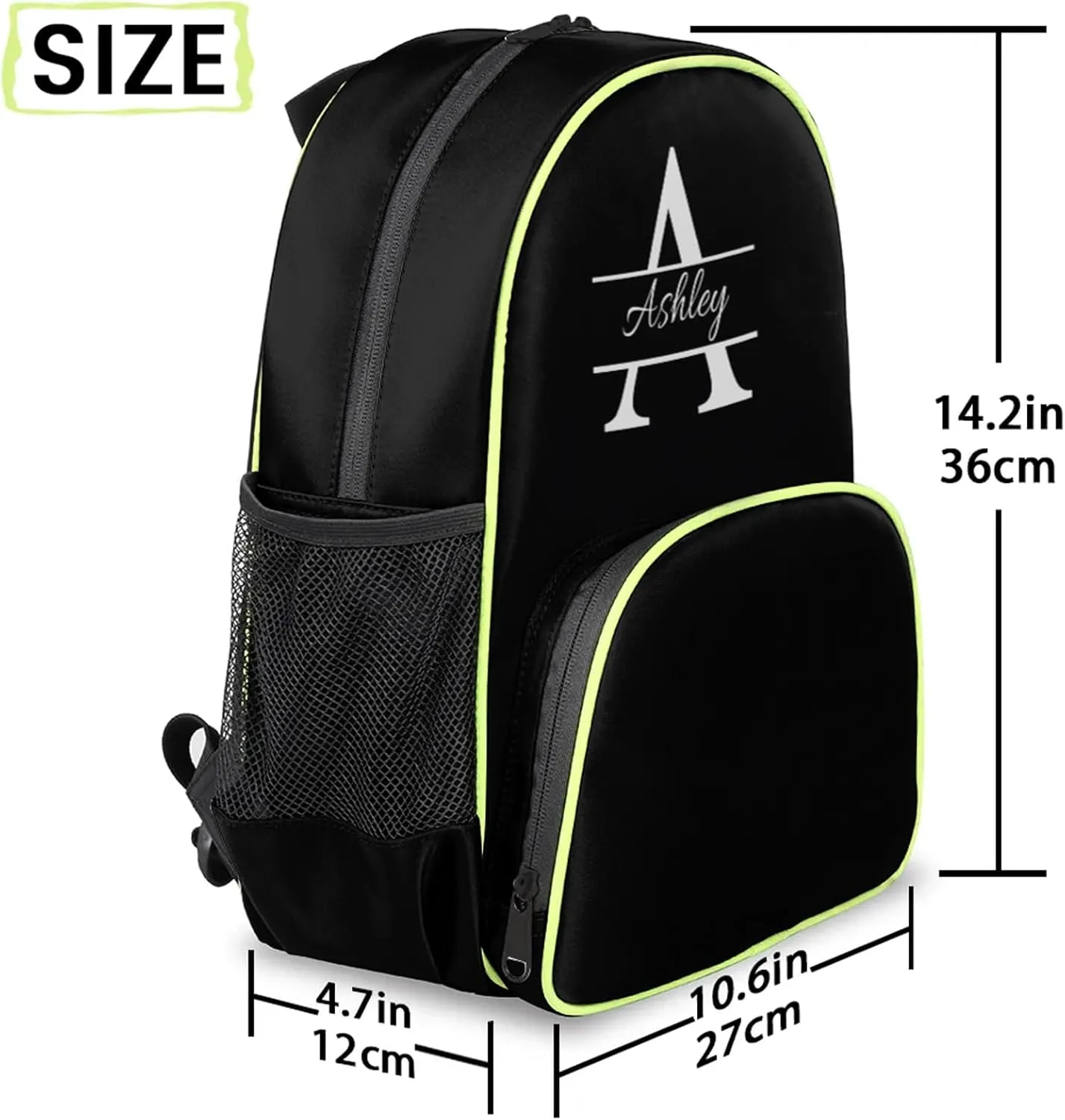 Personalized Backpack with Initial & Name Customized Shoulder Bag for Women Waterproof Travel Casual Daypack Gifts 14.2in, Pure Black