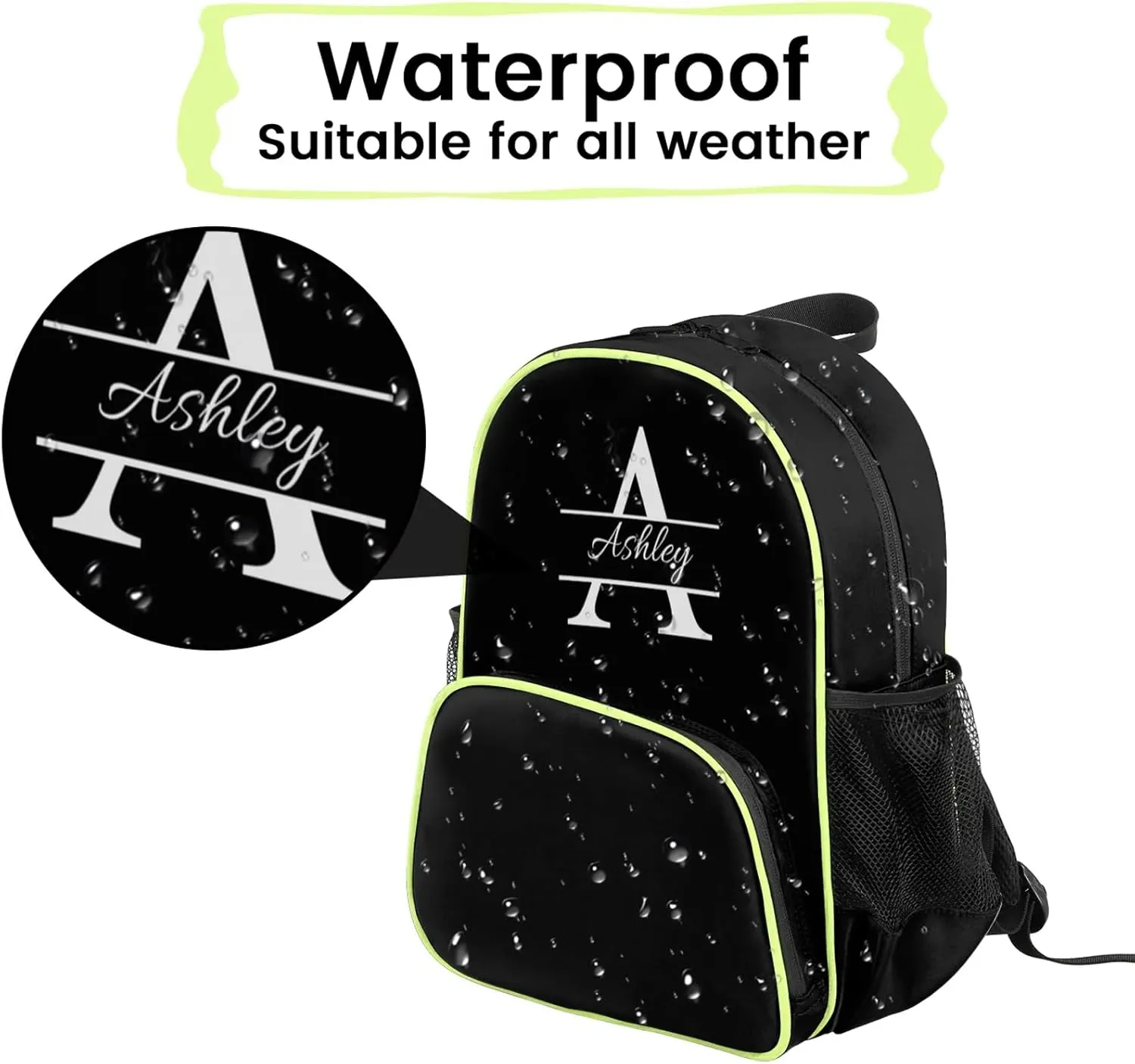 Personalized Backpack with Initial & Name Customized Shoulder Bag for Women Waterproof Travel Casual Daypack Gifts 14.2in, Pure Black