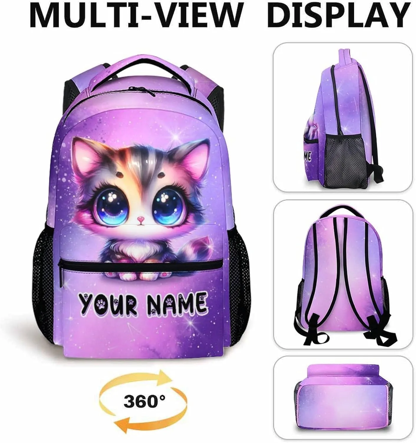 Personalized Cat Backpack for Kids - Custom Schoolbag for Girls - 17 Inch Lightweight Cat Bookbag for School Travel - Large Capacity Backpacks for Kindergarten Preschool Elementary