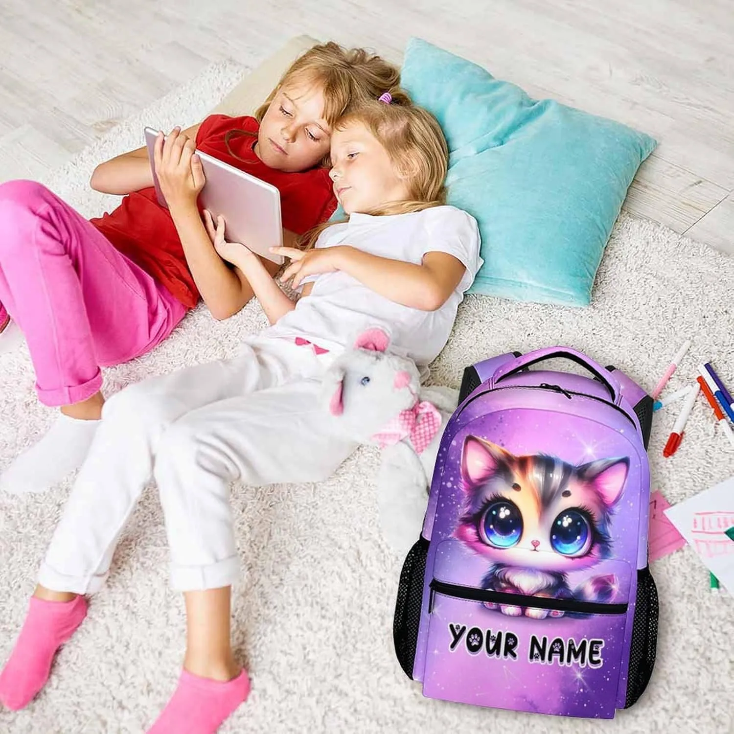 Personalized Cat Backpack for Kids - Custom Schoolbag for Girls - 17 Inch Lightweight Cat Bookbag for School Travel - Large Capacity Backpacks for Kindergarten Preschool Elementary