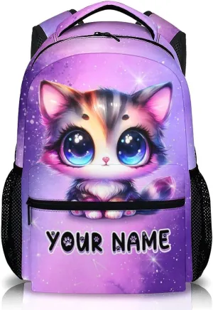 Personalized Cat Backpack for Kids - Custom Schoolbag for Girls - 17 Inch Lightweight Cat Bookbag for School Travel - Large Capacity Backpacks for Kindergarten Preschool Elementary