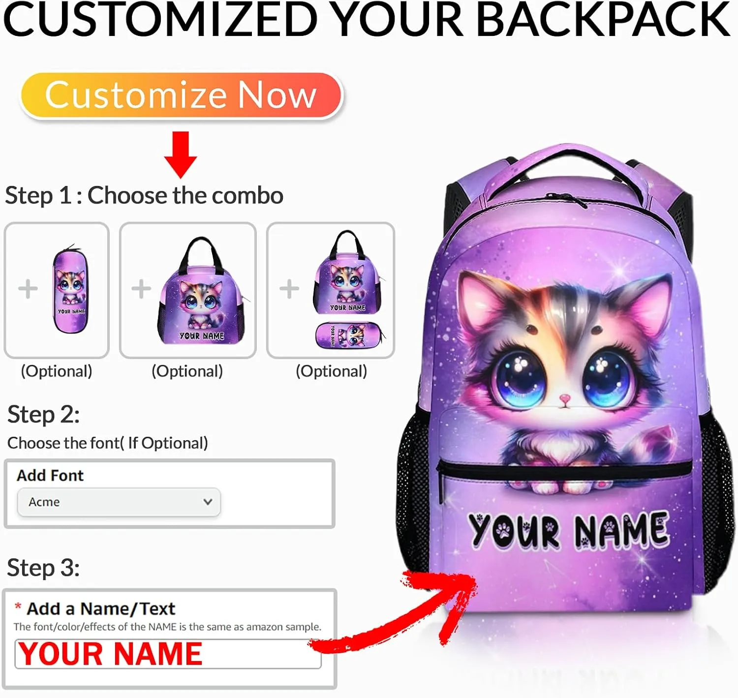 Personalized Cat Backpack for Kids - Custom Schoolbag for Girls - 17 Inch Lightweight Cat Bookbag for School Travel - Large Capacity Backpacks for Kindergarten Preschool Elementary