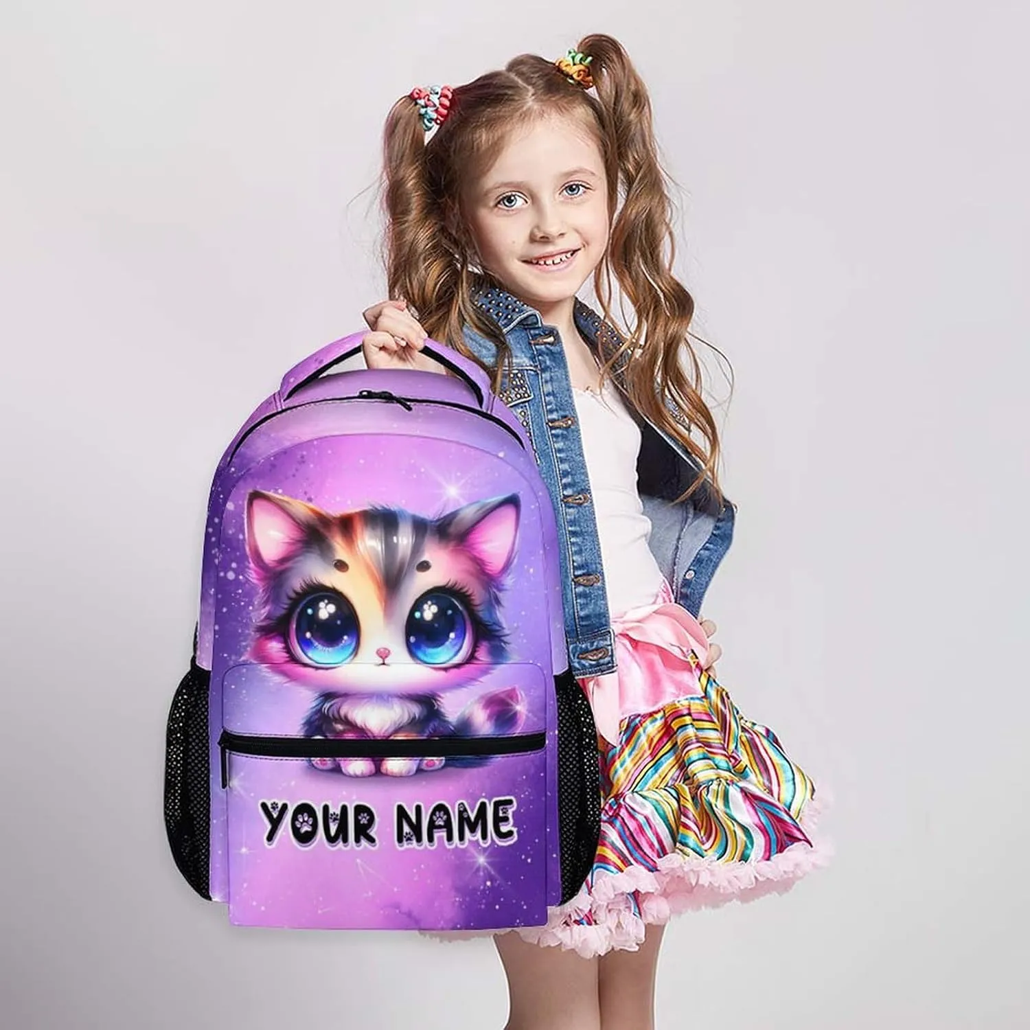 Personalized Cat Backpack for Kids - Custom Schoolbag for Girls - 17 Inch Lightweight Cat Bookbag for School Travel - Large Capacity Backpacks for Kindergarten Preschool Elementary