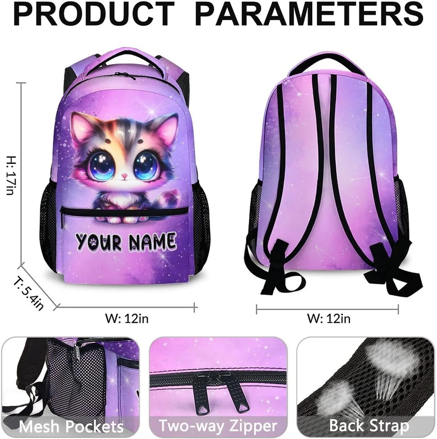 Personalized Cat Backpack for Kids - Custom Schoolbag for Girls - 17 Inch Lightweight Cat Bookbag for School Travel - Large Capacity Backpacks for Kindergarten Preschool Elementary