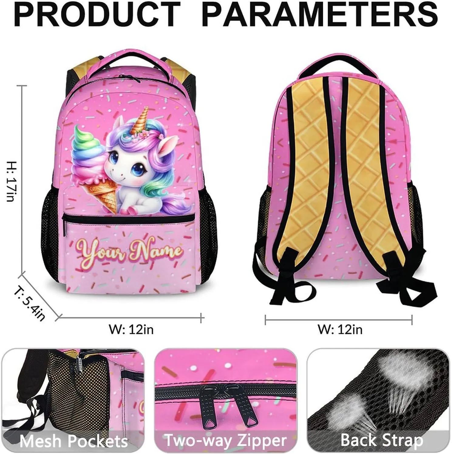 Personalized Unicorn Backpack for Girls, Custom Backpacks for Kids Preschool Kindergarten Primary, Pink Unicorn Gifts for 4-6, 17 Inch Lightweight Bookbag for School Travel