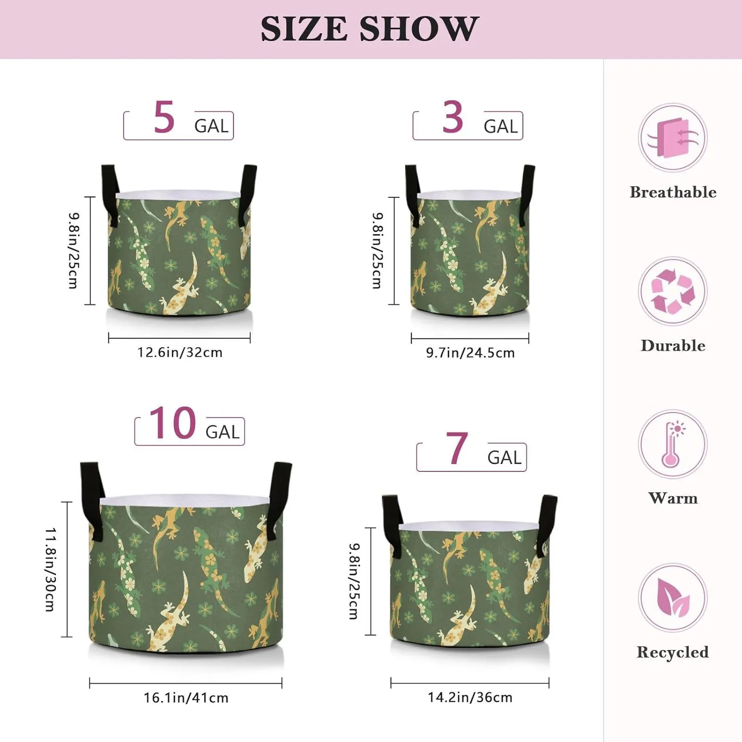 Pigsaly 10 Gallon Grow Bags Cute Skin Green Lizards Flowers Plant Grow Bag Garden Plant Bags with Handles Heavy Duty Fabric Pots Grow Pots for Vegetables Flowers Fruits XL