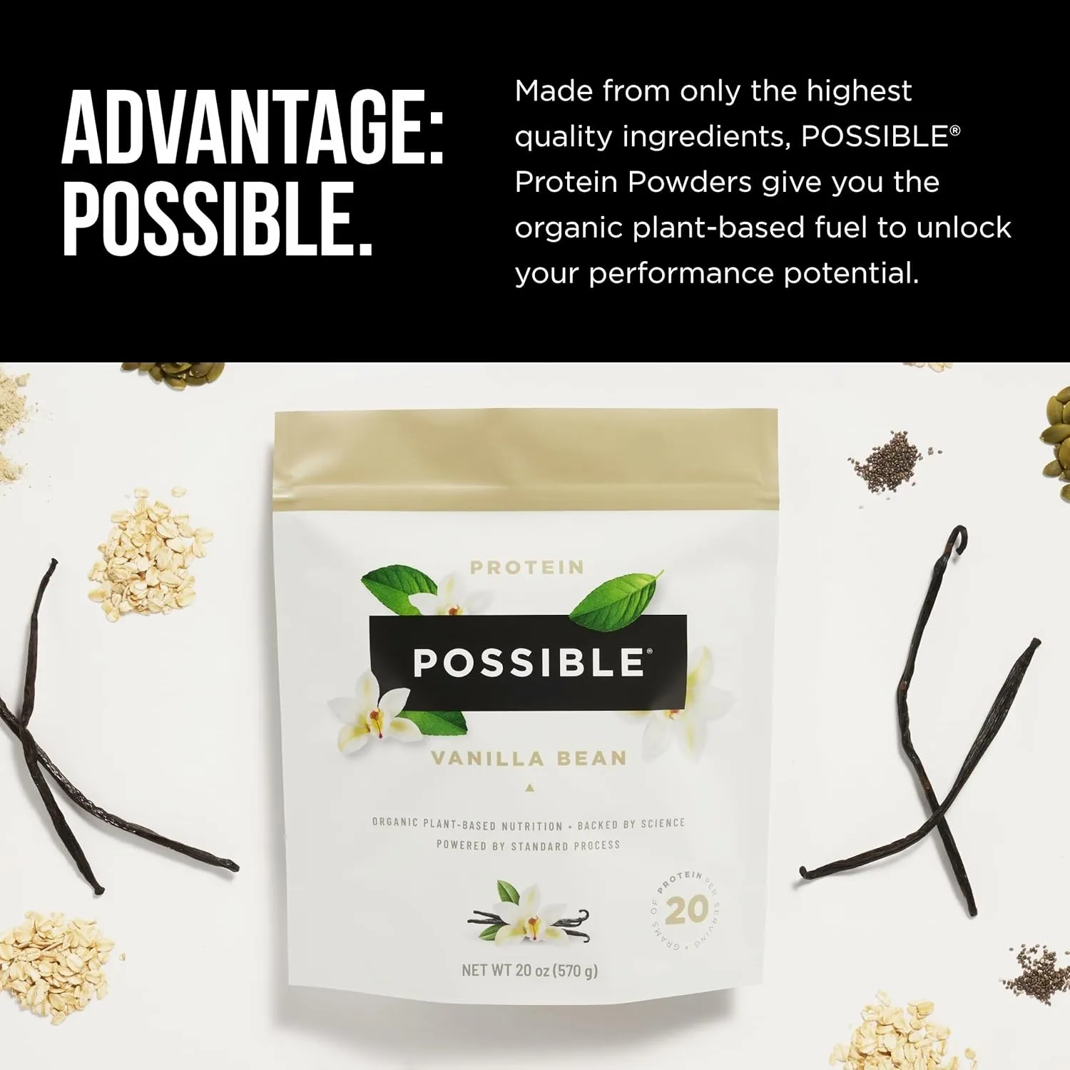 Possible Protein Powder Vanilla Bean - 20g of Vegan, Plant-Based Protein Mix - Non-GMO, Non-Dairy, Gluten-Free - 3.5g of BCAAs - 9 Essential Amino Acids - 30-Day Supply - 2 Bag, 30 Servings
