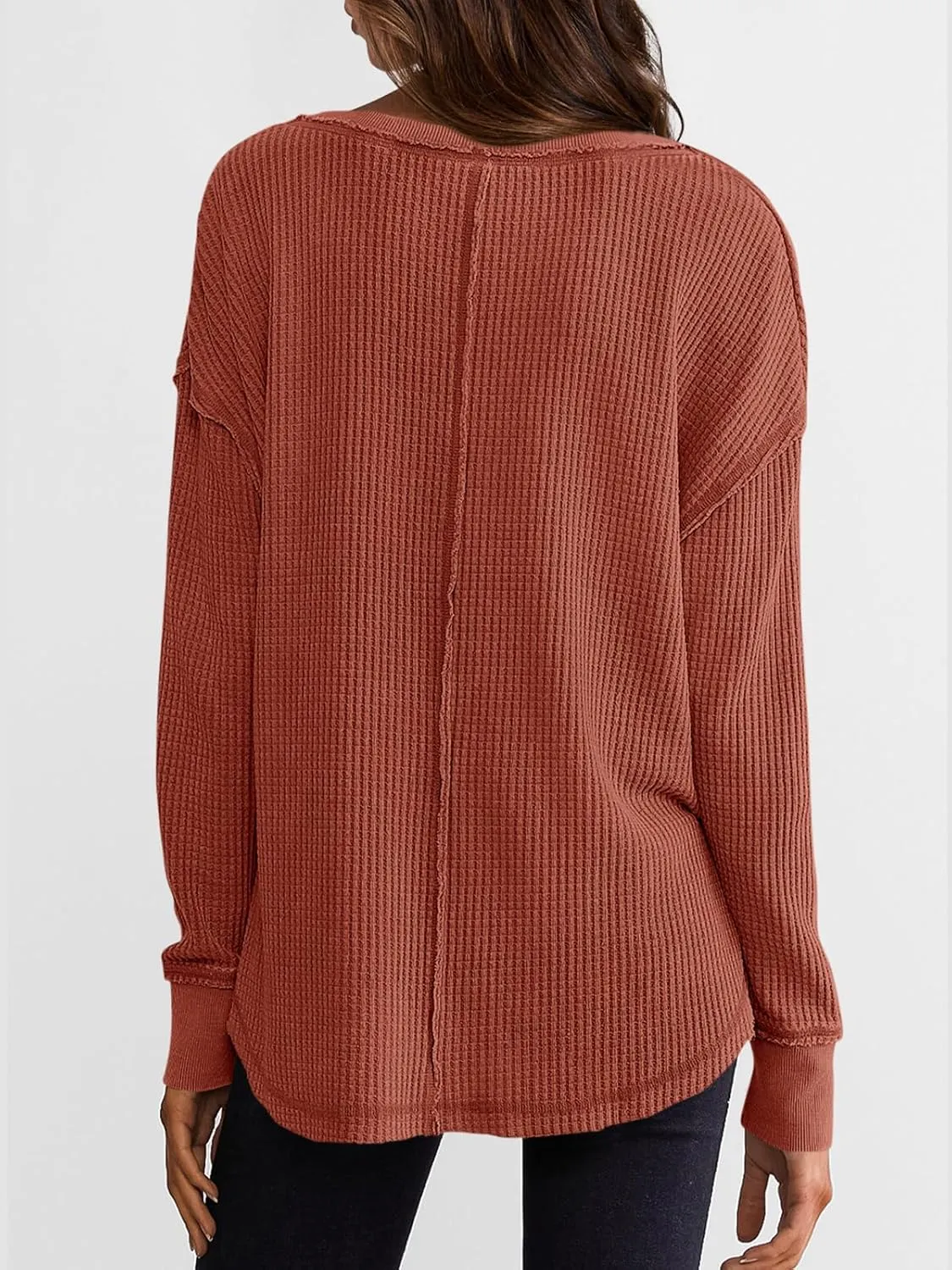 PRETTYGARDEN Womens Waffle Knit Long Sleeve Shirts Drop Shoulder V Neck Casual Pullover Exposed Seam Oversized Spring Tops