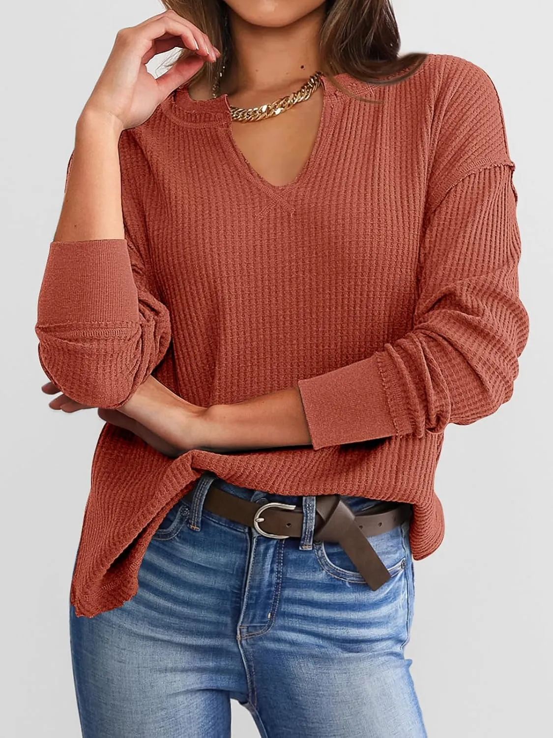 PRETTYGARDEN Womens Waffle Knit Long Sleeve Shirts Drop Shoulder V Neck Casual Pullover Exposed Seam Oversized Spring Tops