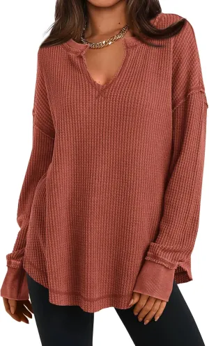 PRETTYGARDEN Womens Waffle Knit Long Sleeve Shirts Drop Shoulder V Neck Casual Pullover Exposed Seam Oversized Spring Tops
