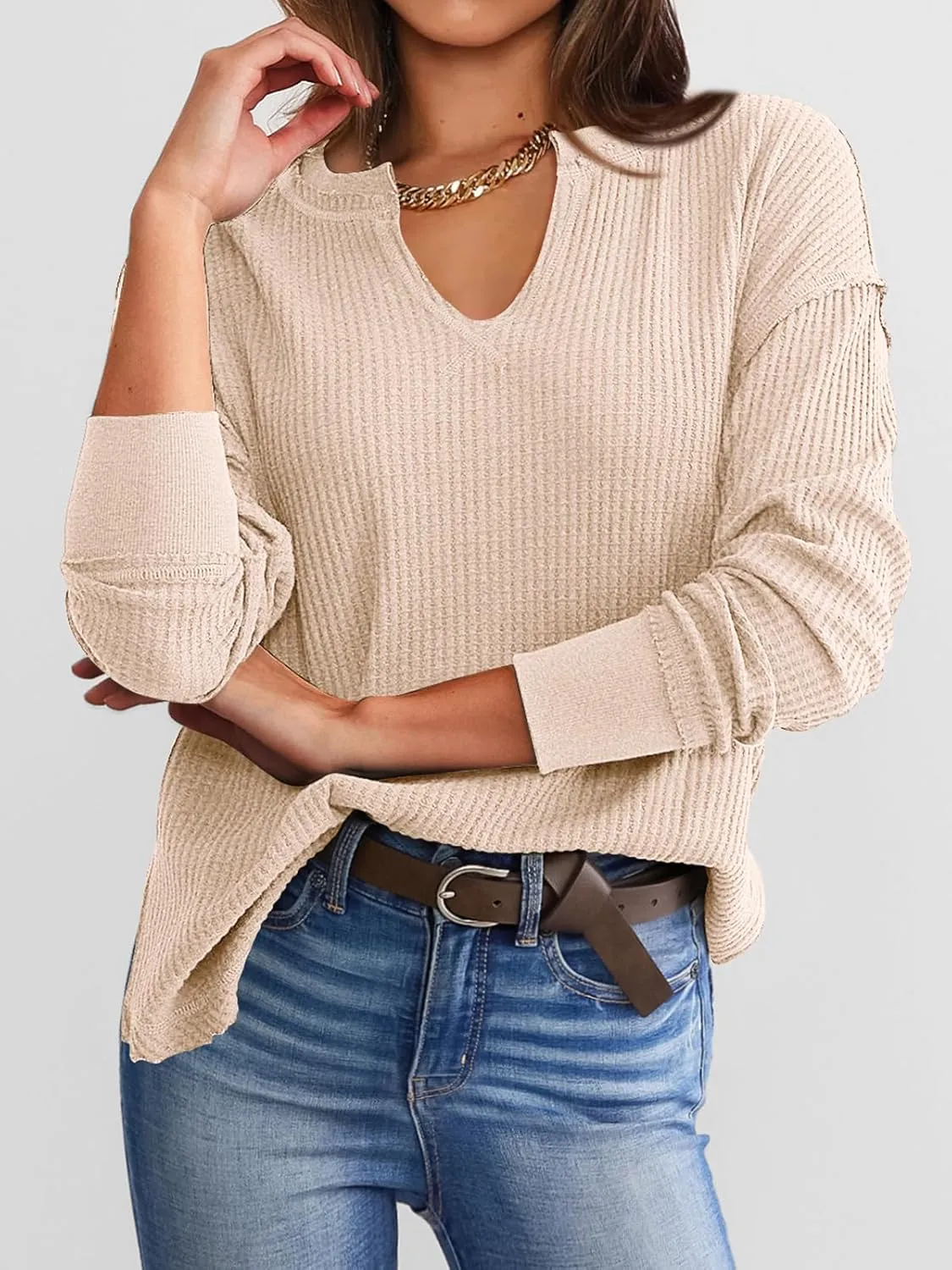 PRETTYGARDEN Womens Waffle Knit Long Sleeve Shirts Drop Shoulder V Neck Casual Pullover Exposed Seam Oversized Spring Tops