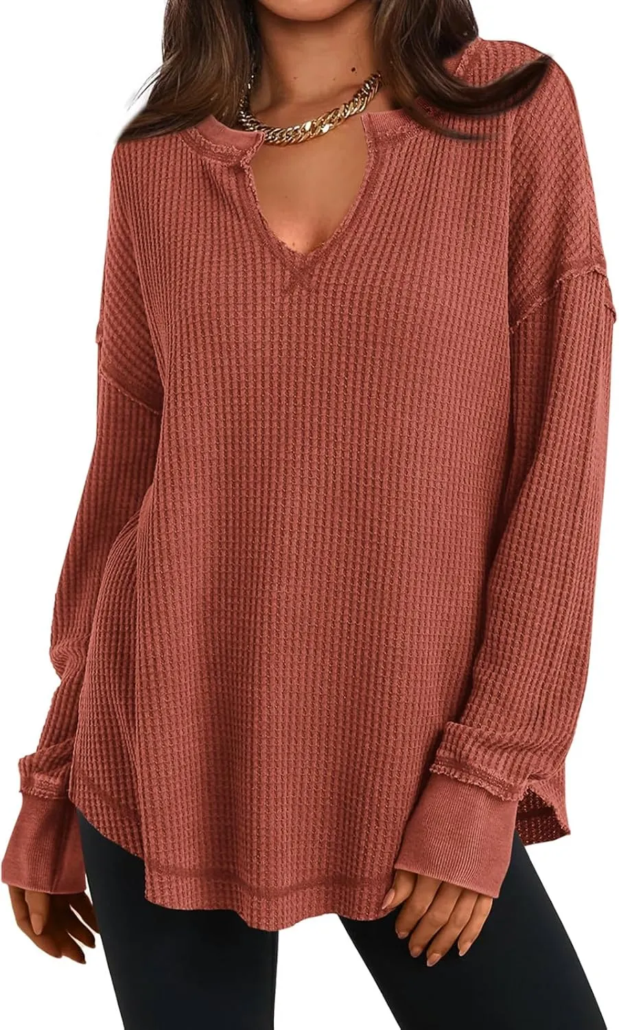 PRETTYGARDEN Womens Waffle Knit Long Sleeve Shirts Drop Shoulder V Neck Casual Pullover Exposed Seam Oversized Spring Tops