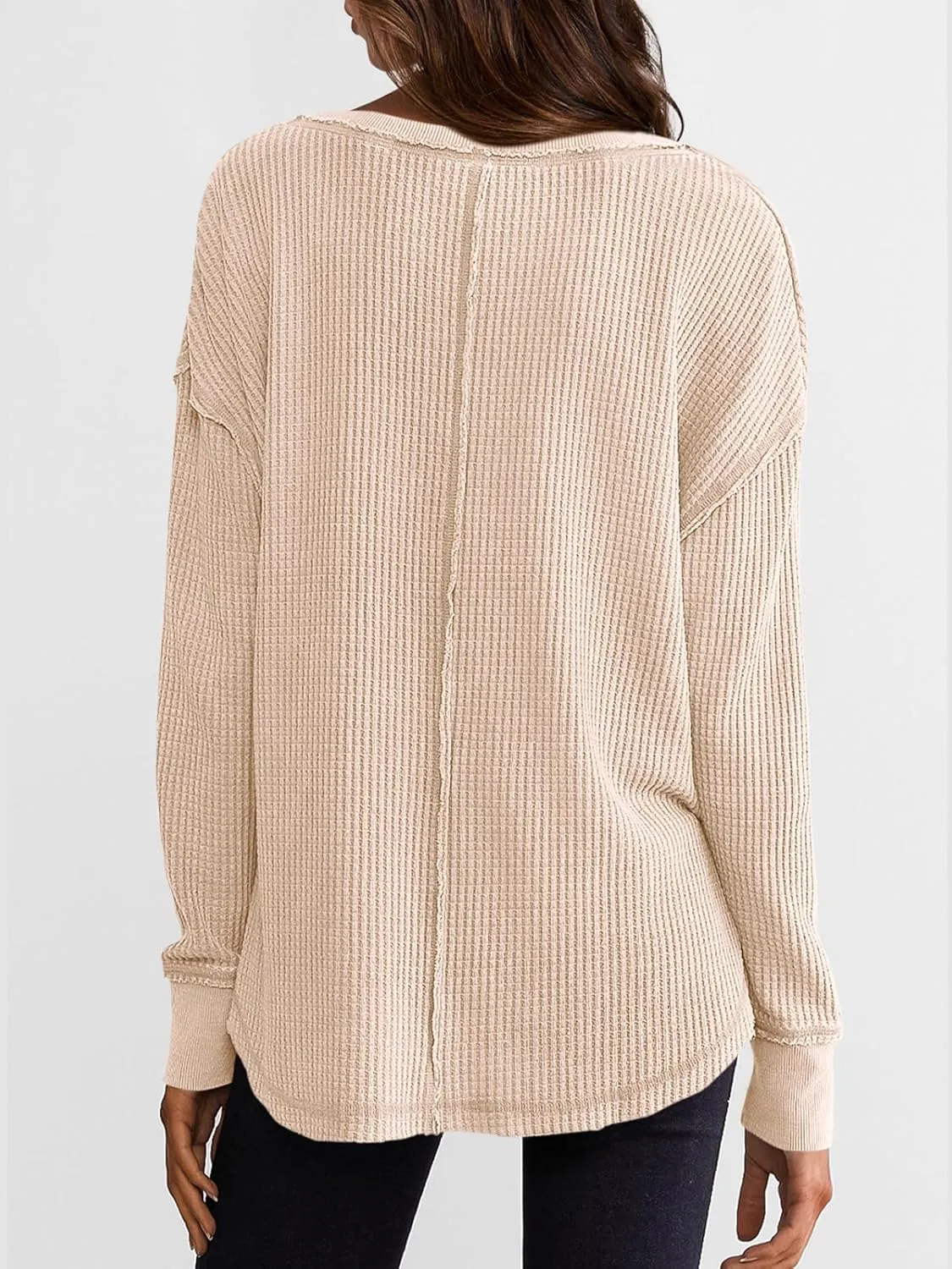 PRETTYGARDEN Womens Waffle Knit Long Sleeve Shirts Drop Shoulder V Neck Casual Pullover Exposed Seam Oversized Spring Tops