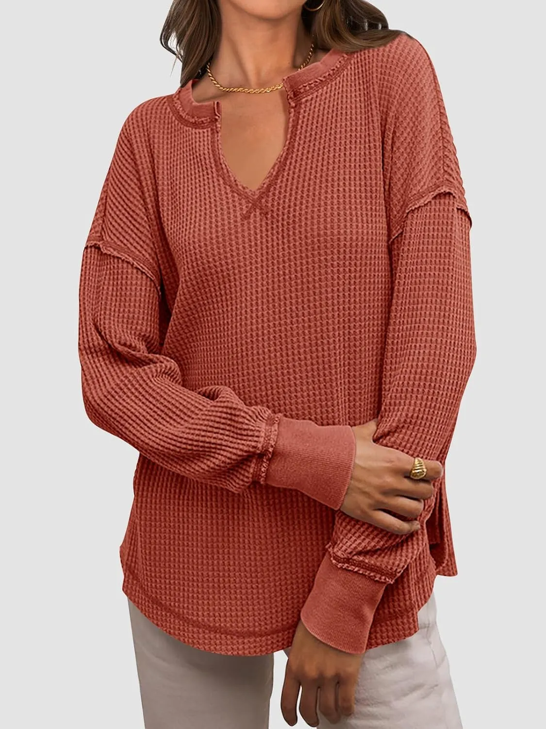 PRETTYGARDEN Womens Waffle Knit Long Sleeve Shirts Drop Shoulder V Neck Casual Pullover Exposed Seam Oversized Spring Tops