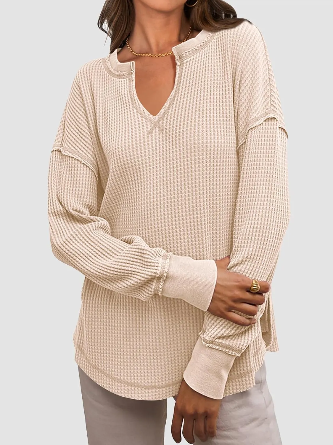 PRETTYGARDEN Womens Waffle Knit Long Sleeve Shirts Drop Shoulder V Neck Casual Pullover Exposed Seam Oversized Spring Tops