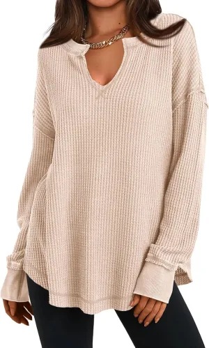 PRETTYGARDEN Womens Waffle Knit Long Sleeve Shirts Drop Shoulder V Neck Casual Pullover Exposed Seam Oversized Spring Tops