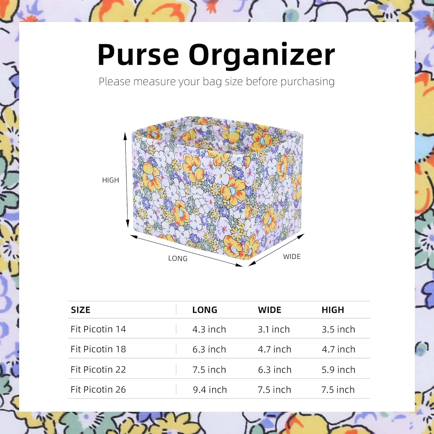 Purse Organizer Insert For Picotin 14/18/22/26 bags, Lightweight Bag Shaper Liner, Soft Women Luxury Handbag Tote Inner Bag(PC18,Blossoming)